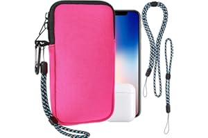 PWSAP Phone Sock, Universal Shock & Impact Resistant Neoprene Pouch with Carabiner and Lanyard Strap Sleeve Case for Hiking & Travelling Phone Bag Fits Phones up to 7 Inches, Rose Pink, M