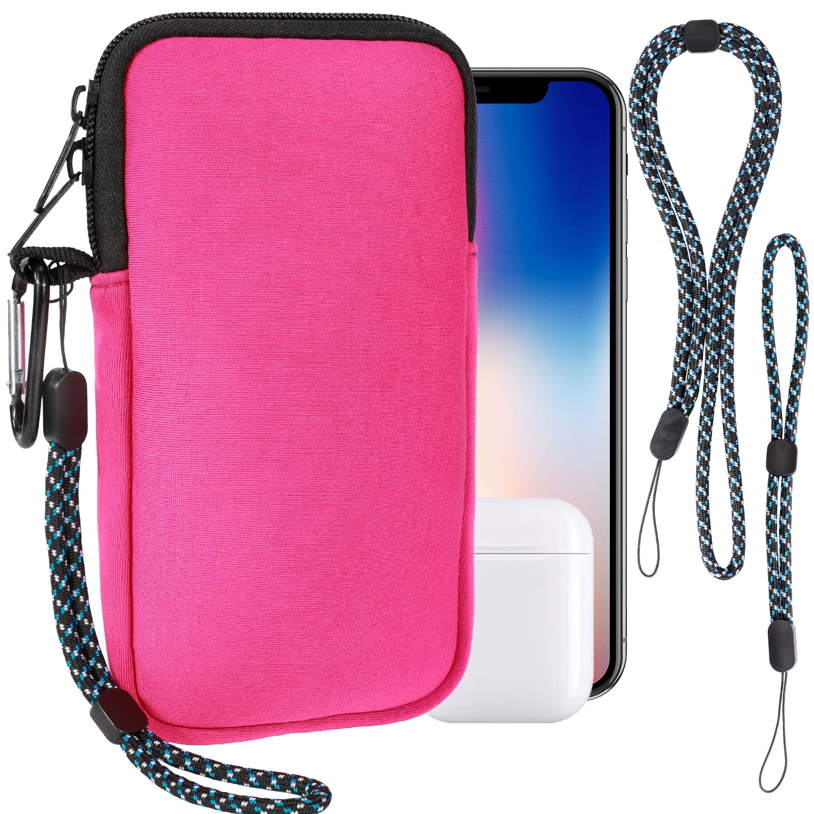 Pwsap Phone Sock, Universal Shock & Impact Resistant Neoprene Pouch with Carabiner and Lanyard Strap Sleeve Case for Hiking & Travelling Phone Bag Fits Phones up to 7 Inches, Rose pink, M