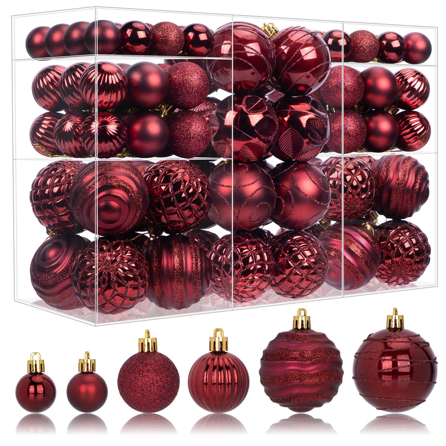 View 1 of 100ct Christmas Ball Ornaments Set, Burgundy Xmas Tree Decoration, Dark Red Shatterproof Decorative Hanging Balls for Christmas Party Holiday Wreath Garland Home Decor