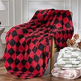 NEWCOSPLAY Knitted Red Black Checkered Blanket Super Soft Plush Throw for Couch Fuzzy Fluffy Microfiber Lightweight Blanket for Bed Sofa All Season Use (Red Black, Throw(50"x60"))
