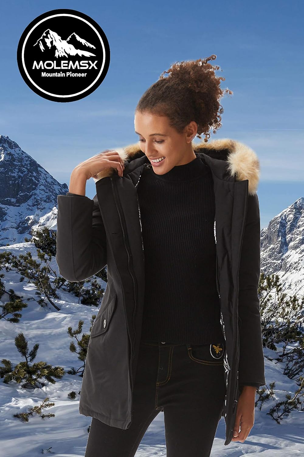 Molemsx Women's Thickened Down Jacket Warm Parka Down Coat with Fur Hood Puffer Jacket: Clothing