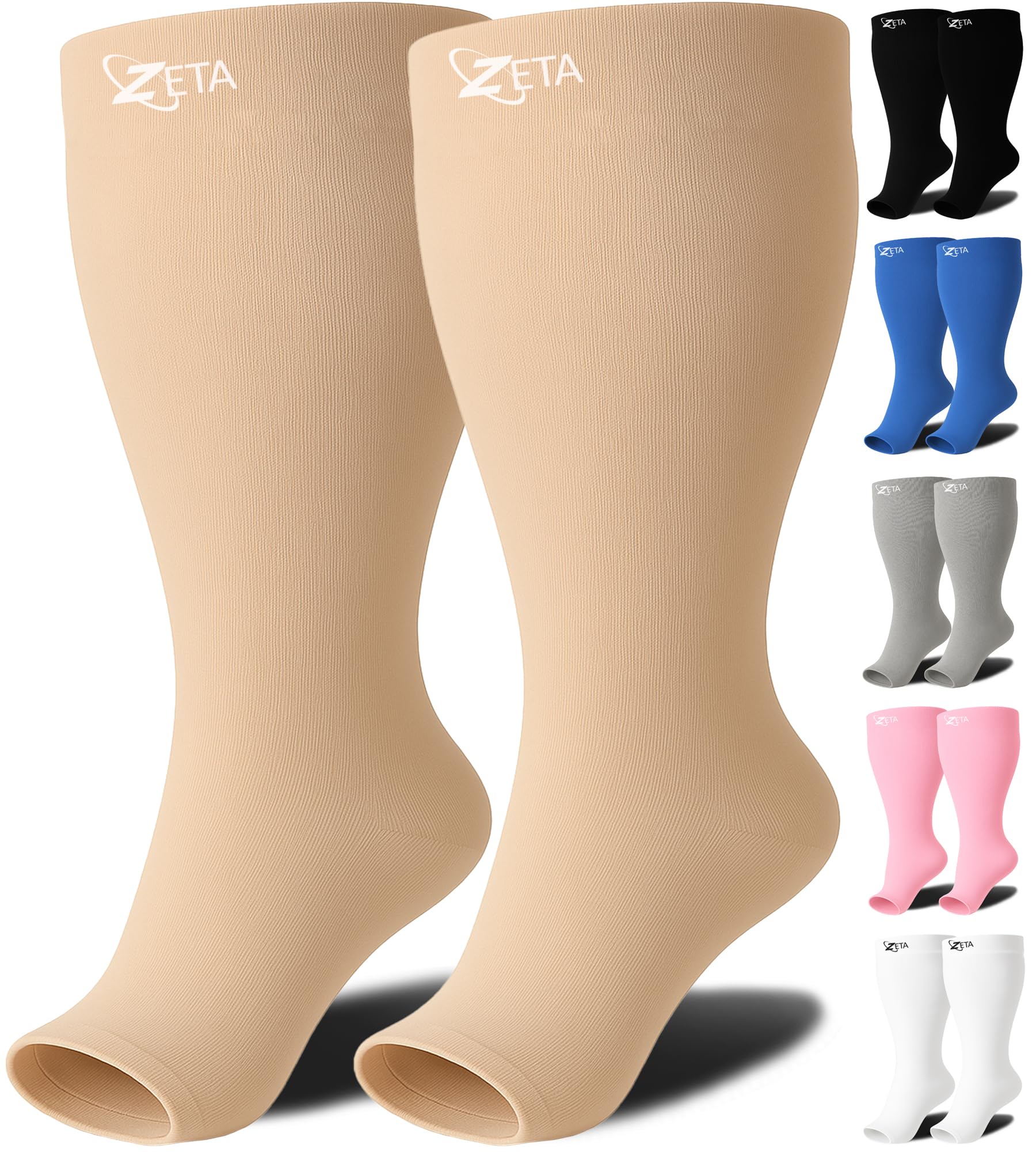 Zeta Plus Size Open Toe Leg Sleeve Support Socks - The Wide Calf Compression Sleeve Women Love for Its Amazing Fit, Cotton-Rich Comfort, Graduated Compression, 1 Pair, Size 4XL, Nude