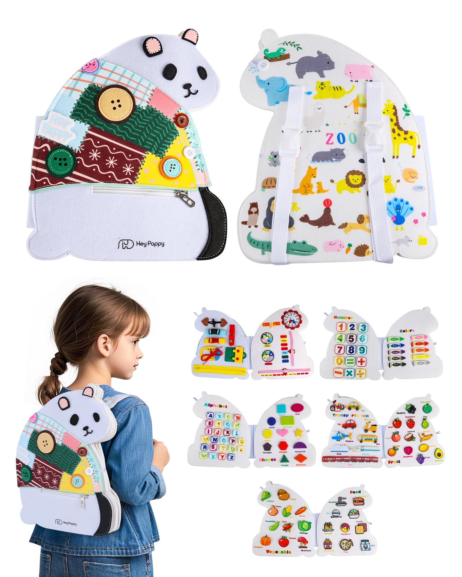 Heypappy Busy Board Montessori Toys, 12 in 1 Busy Book Learning Sensory Toys for Toddlers with Fine Motor Skills, Busy Book Toys with Backpack Strap, Panda Shape — image 1