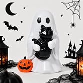 Kuanoris Ghost Holding Cat Figurine with Pumpkin, Resin Halloween Decor | Compact Resin Accent for Desks, Shelves, Mantels and Entryways, Ideal for Indoor Halloween Decor and Seasonal Displays