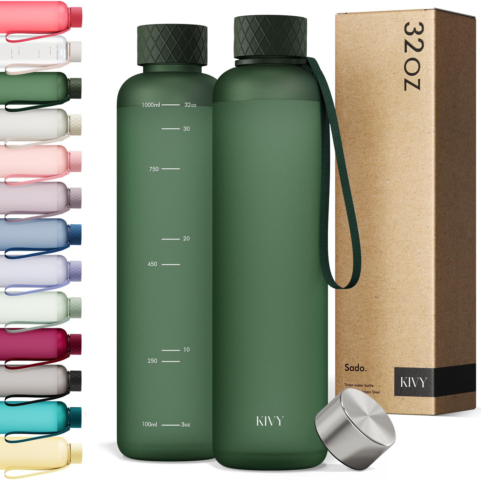 Photo 1 of **MISSING ADDITIONAL METAL CAP** KIVY Slim Water Bottle 32oz [Lightweight & Shatterproof] Fits Backpack & Cupholder for Travel, Sports, School, Gym - Dark green water bottle no straw - Gym water bottle screw top - Dishwasher Safe