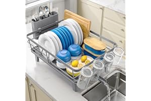 Urackify Dish Drainers for Kitchen Counter - Large Capacity Dish Drying Rack with Drainboard, Rustproof & Sturdy Design, Blac