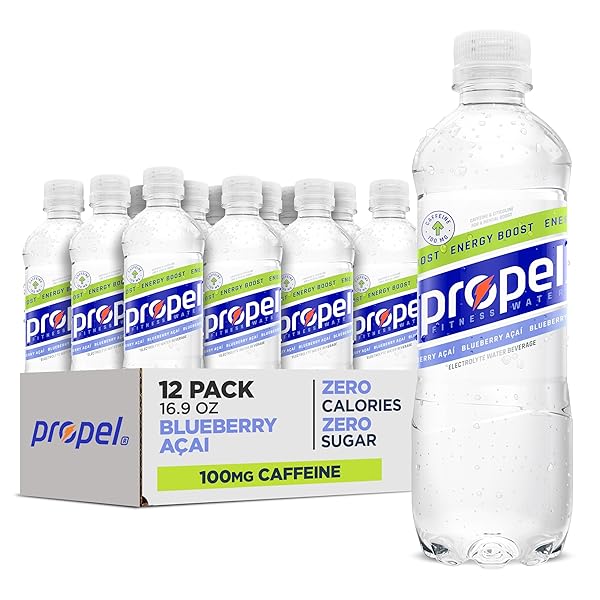 PROPEL ENERGY BOOST ZERO CALORIE FLAVORED WATER WITH ELECTROLYTES AND CAFFEINE, BLUEBERRY ACAI, 16.9 FL OZ BOTTLES (12 PACK)