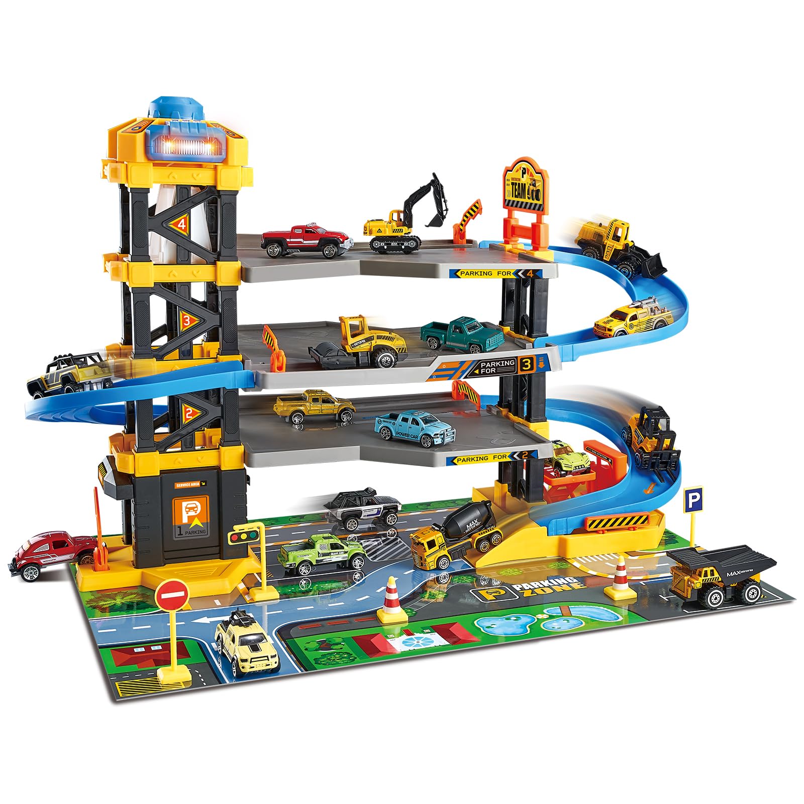 Photo 1 of (missing pieces) Dollox Parking Garage Toy Playset, Race Car Ramp Track Toys Sets Garage Playset with 6 Little Alloy Construction Cars Adventure Track