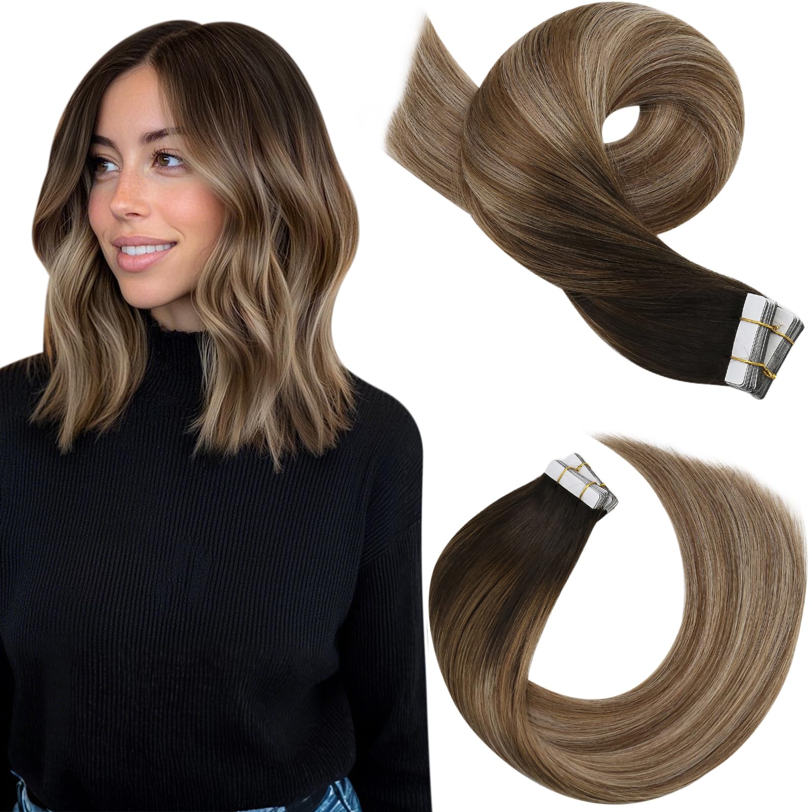 Moresoo Tape Hair Extensions Real Human Hair Balayage Dark Brown Fading to Golden Brown with Honey Blonde Hair Extensions Tape in Ombre Double Sided Remy Hair 12 Inch 20Pcs/30G #4/10/16 โ image 1