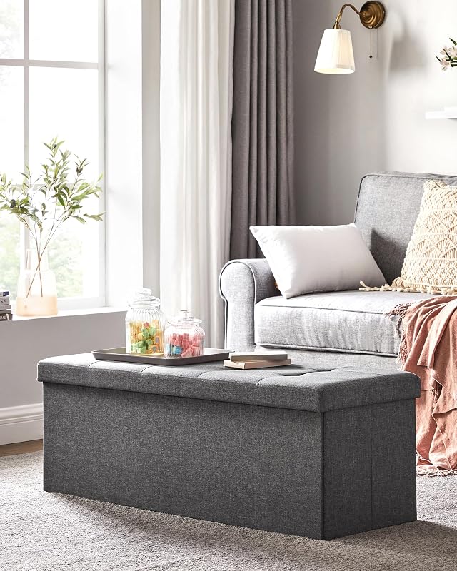 Mazie Colección - Puff Almacenaje, Banco Plegable, 38 x 110 x 38 cm, Taburete Reposapiés, Pie de Cama, Soporta hasta 300 kg, para Sala de Estar, Dormitorio, Entrada, Gris Oscuro LSF77K