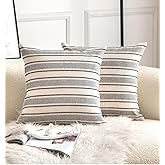 Cethom Decorative Boho Throw Pillow Covers, Farmhouse Textured Pillow Case, 22 x 22 Inch Set of 2, Chair Sofa Bedroom Living Room Home Decor Couch Cushion Case, Black and Beige Striped