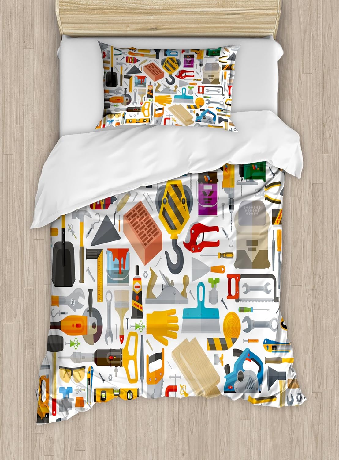 Ambesonne Construction Duvet Cover Set, Construction Tools in Cartoon Style Engineering Fixing Repairing Building, Decorative 2 Piece Bedding Set with 1 Pillow Sham, Twin Size, Grey Yellow