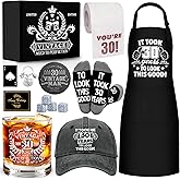 NVTROVI 30th Birthday Gifts for Men Whiskey Glass Set, 30th Birthday Party Supplies with 11 Oz Whiskey Glass Coaster Stone Baseball Cap Apron Sock Toilet Paper Keychain for Him, Dad, Husband, Friends