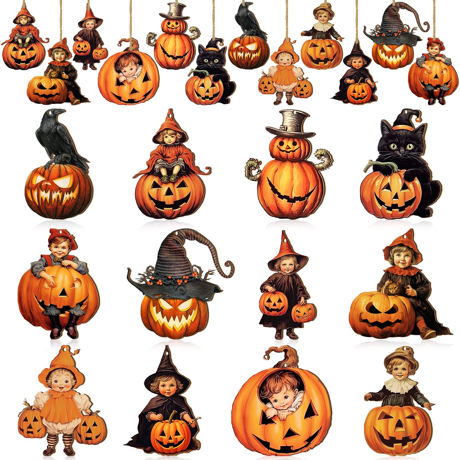 Photo 1 of Huwena 36 Pcs Halloween Wood Ornament for Tree Vintage Ornaments Wooden Halloween Hanging Decorations Pumpkin Witch Black Cat Wood Cutouts with Ropes for Home Party Decor(Black Cat)