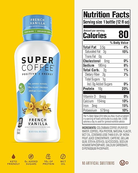 SUPER COFFEE, KETO PROTEIN COFFEE (0G ADDED SUGAR, 10G PROTEIN, 70 CALORIES) 12 FL OZ | ICED SMART COFFEE DRINKS (FRENCH VANILLA, 12 FL OZ (PACK OF 12))