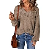 SHEWIN Women's Sweaters Casual Long Sleeve V Neck Crewneck Lightweight Crochet Pullover Sweater Tops