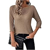 SweatyRocks Women's 3/4 Sleeve Boat Neck Sheer Pullover Sweater Dressy Casual Knit Tops