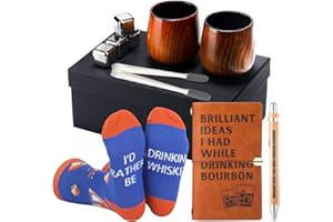 WATERSAY 12 Pcs Bourbon Whiskey Gifts for Men Include Charred Wooden Bourbon Drinking Glass with Cooling Rock, Leather Journal Notebook and Pen, Socks with Gift Box for Christmas Whiskey Drinker Lover