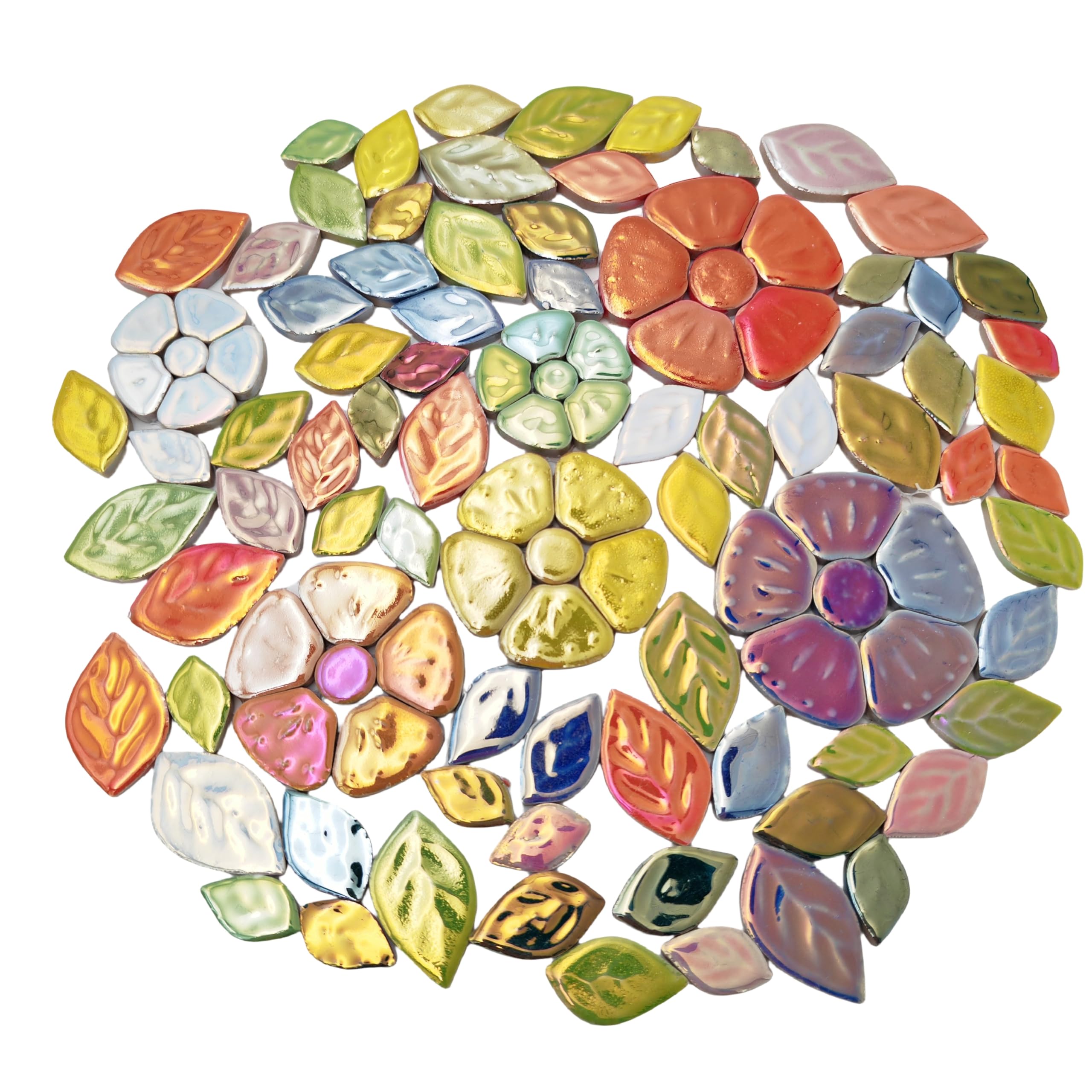 Photo 1 of 1.1LB Random Iridescent Leaves Ceramics Mosaic Tiles, Making Creative 3 Size Ceramic Mosaic Pieces for DIY Craft,Flowerpots, Vases, Cups, Garden Decor Mosaic Making Supplies (Flowers + Leaves)