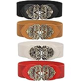 LEACOOLKEY 4 Pack Women Vintage Wide Waist Belts for Dress, Elastic Cinch Belt with Retro Interlocking Buckle