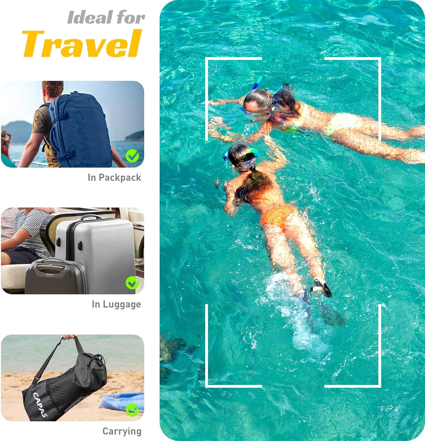 CAPAS Swim Fins, Snorkel Fins with Travel Size Short Fins for Snorkeling Diving Adjustable Open Heel Flippers for Men Women Youth : Sports & Outdoors