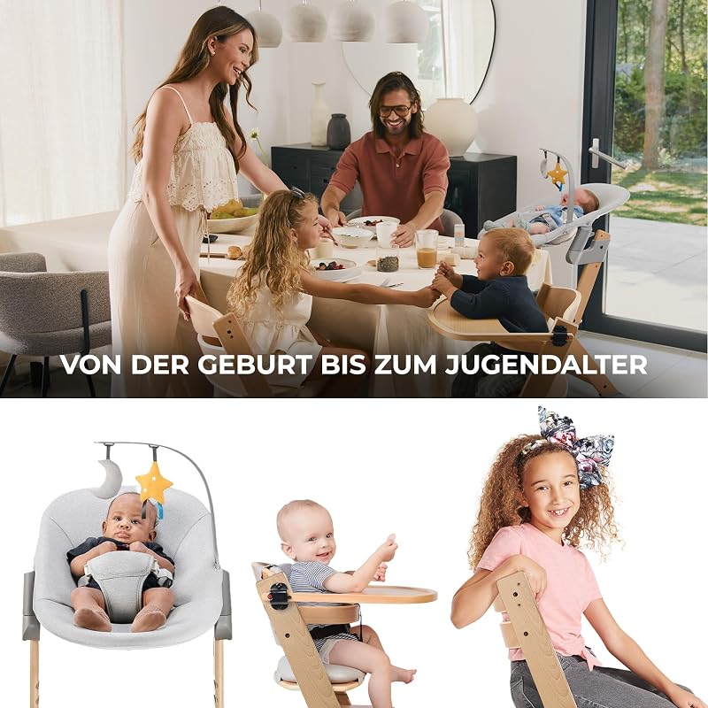 ENOCK Kinderhochstuhl, kompatibel mit Babyliege CALMEE, niedriger Stuhl, abnehmbarer Schutzbügel und Gurt, ab 6 Monaten bis 10 Jahre, Rückenlehne verstellbar
