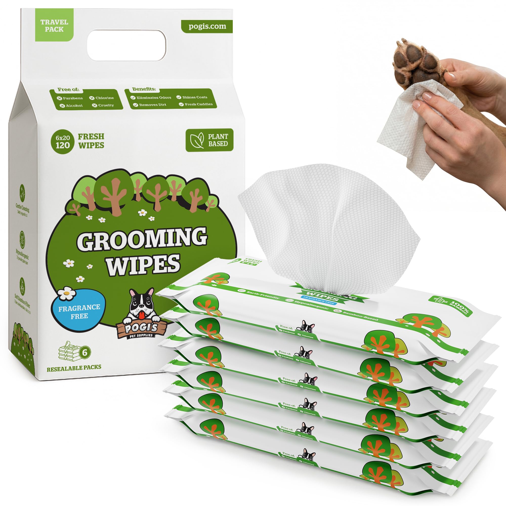 Pogi’s Dog Wipes Travel Pack – Plant-Based, Hypoallergenic Wipes for Dogs and Puppies – Fragrance Free, 120-Count