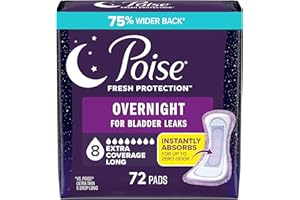 Poise Overnight Incontinence & Postpartum Pads for Bladder Leaks, 8 Drop Extra Coverage, 72 Count (2 Packs of 36), Packaging May Vary