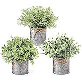 Mkono Small Fake Plants in Farmhouse Galvanized Metal Pots 3 Pack Potted Artificial Plant Eucalyptus for Laundry Room Bathroom Shelf Table Decor