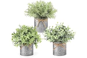 Mkono Small Fake Plants in Farmhouse Galvanized Metal Pots 3 Pack Potted Artificial Plant Eucalyptus for Laundry Room Bathroom Shelf Table Decor
