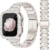 Newlibery Bling Watch Bands with Bling Case for Women Compatible with Apple Watch Band 41mm Elegant Dressy Jewelry Replacement Metal Link Wristband Protector Cover for iWatch Series 9/8/7 Starlight
