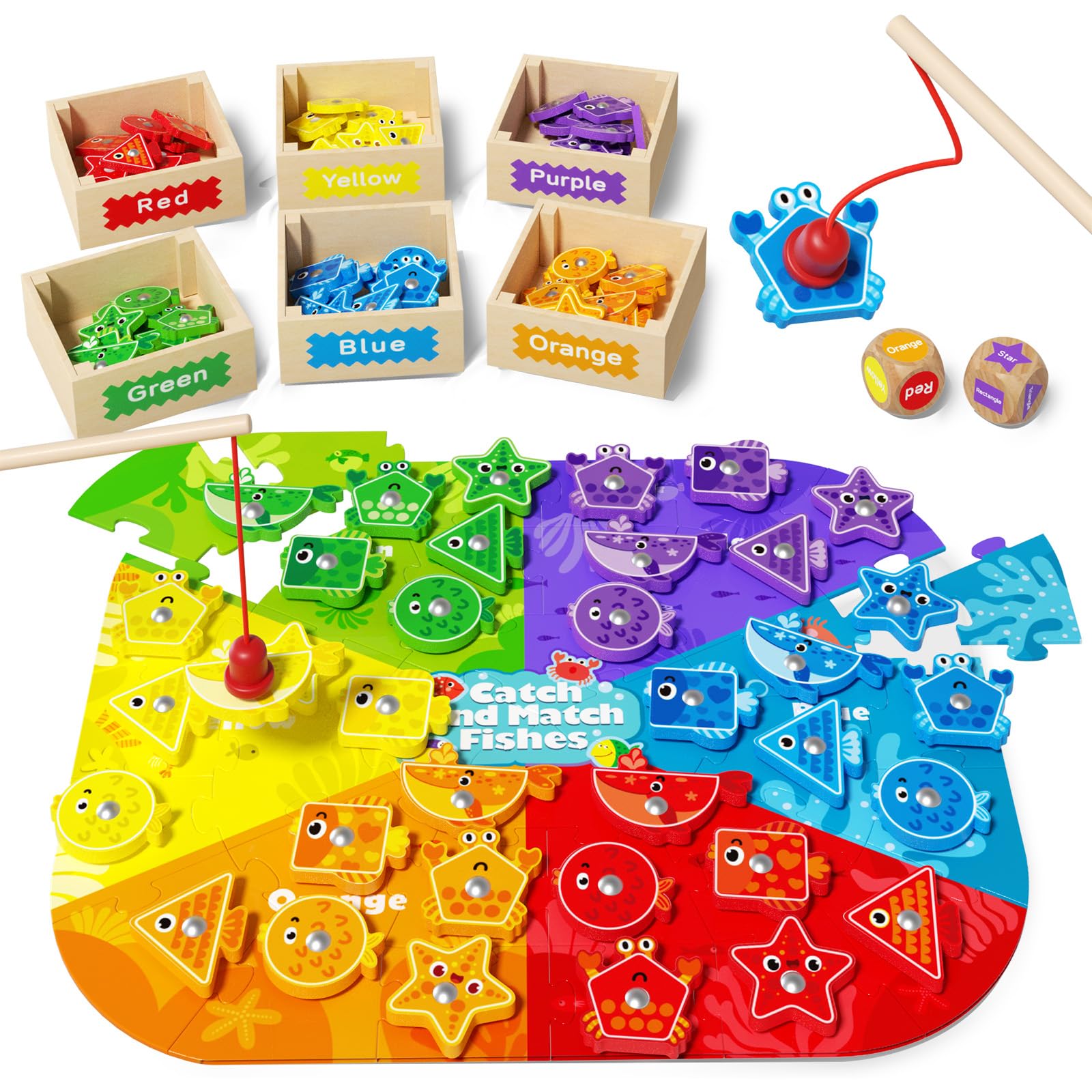 edutree Montessori Toys for Toddlers 1-3, Magnetic Fishing Game for Kids 2-4, Color & Shape Sorter Educational Learning Toys with Wooden Box & Puzzle for Boys Girls 3-5