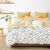 LEMIROE Yellow Floral Cotton Comforter Queen Size - Refreshing Design with Blue, Orange & Slate Gray Botanical Pattern on Off White,3PC Lightweight Bedding Set with Ultra-Soft Alternative Fill (Queen)