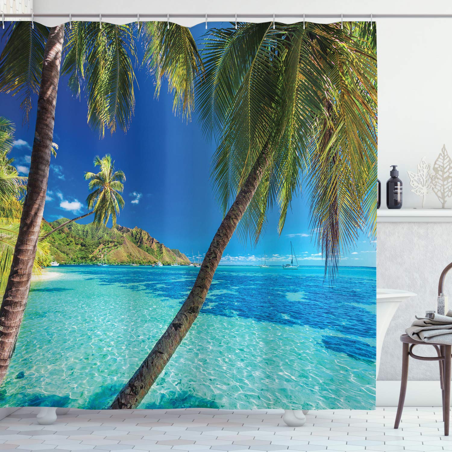 ABAKUHAUS Ocean Shower Curtain, Image of a Tropical Island the Palm Trees and Clear Sea Beach Theme Print, Cloth Fabric Bathroom Decor Set with Hooks, 175 x 240 cm, Turquoise Blue