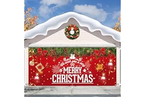 AEJYMT 7 x 16 Ft Christmas Garage Door Banner Decorations, Christmas Tree, Santa, and Snowman，Extra Large Double Garage Door Cover for Holiday Party Supplies and Outdoor Decor (Multicolor B)
