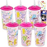 Care Bears Kids 16 Oz Reusable Cups - Party Favor 6 Piece Bundle with 16 Oz Cup with Lid and Straw Plus Stickers for Girls, Kids | Care Bears Tumbler with Straw