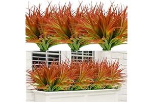 Dehoxara 24Pcs Artificial Grass Plant Fake Outdoor Plastic Plants UV Resistant Faux Grasses Greenery Shrubs for Window Box Garden Patio Porch Home Decor Red