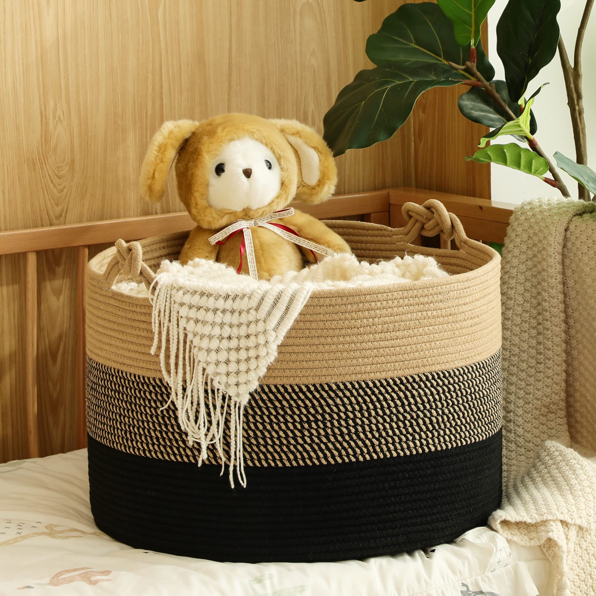 KAKAMAY Large Blanket Basket (20"x13"),Woven Rope Baskets for storage Baby Laundry Hamper, Cotton Rope Blanket Basket for Living Room, Laundry, Nursery, Pillows,Baby Toy chest (Jute/Black)