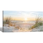 SD SOFT DANCE Coastal Canvas Wall Art Decor: Beach Sunset Scenes Picture Sea Ocean Artwork Seascape Seaside Print Modern Seashore Grass Dunes Painting for Living Room Home Office 48 x 24 Inch