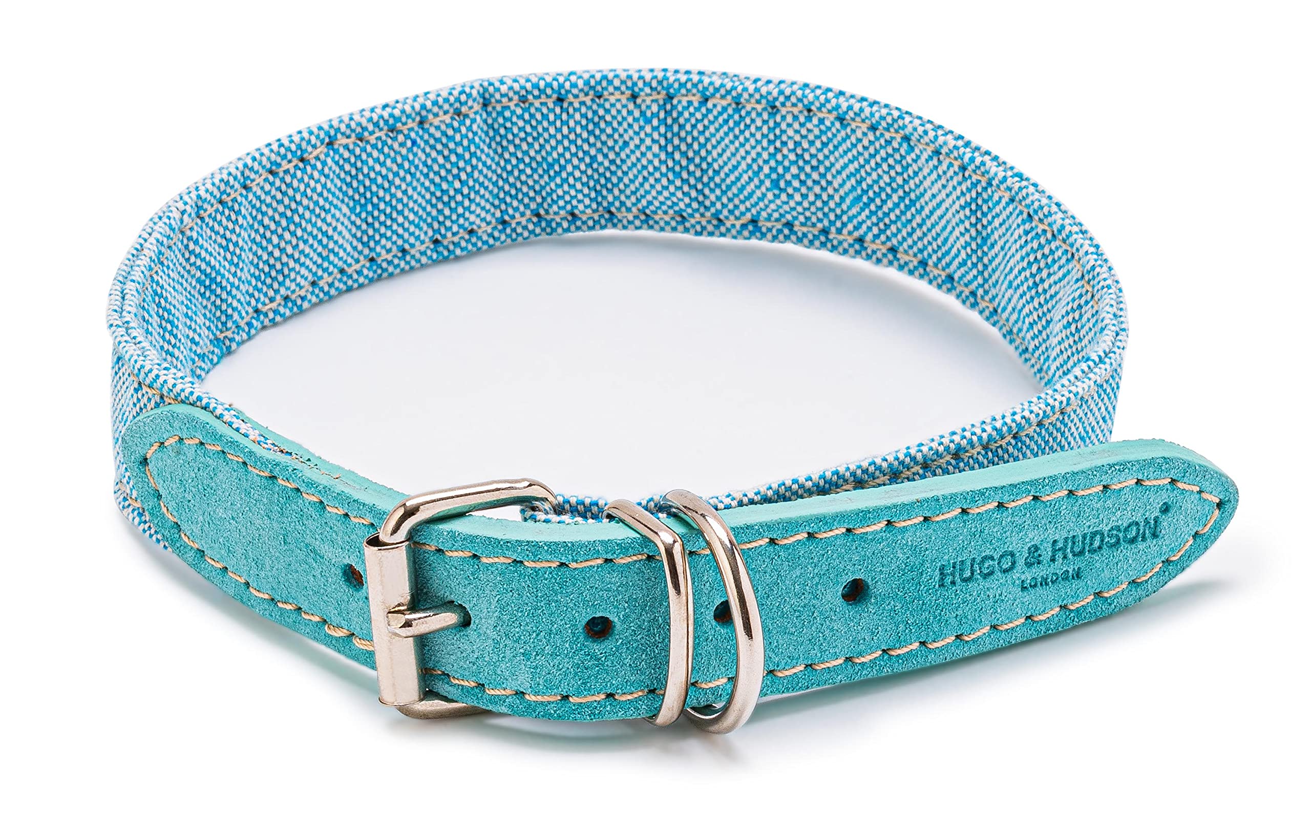 HUGO & HUDSON Luxury Dog Collar Fabric & Suede Leather with Adjustable Metal Buckle, Light Blue 30cm