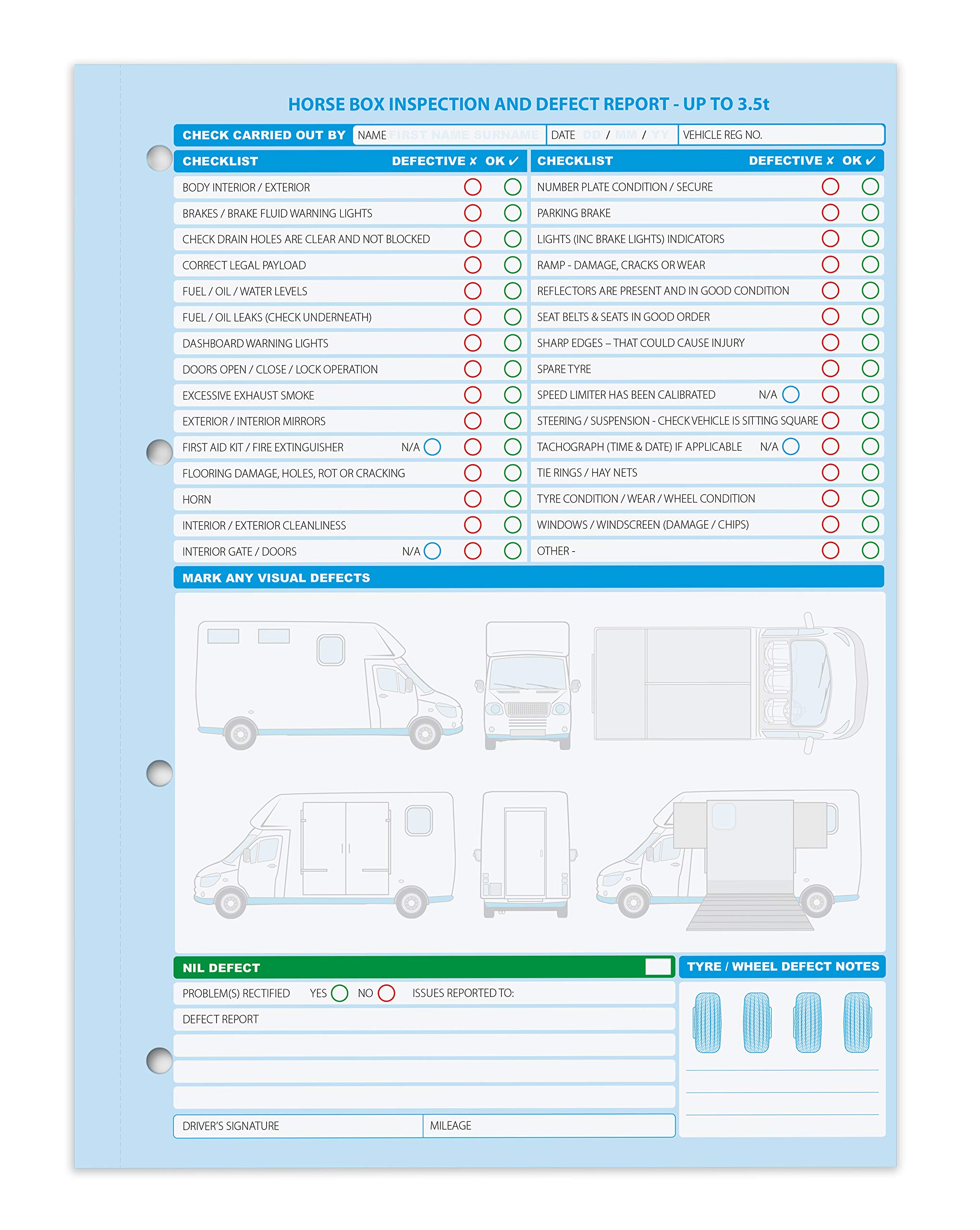 Horsebox defect Check List Book, for Vehicles up to 3.5 tonnes. 2 Part, Duplicate, 50 Sets per pad