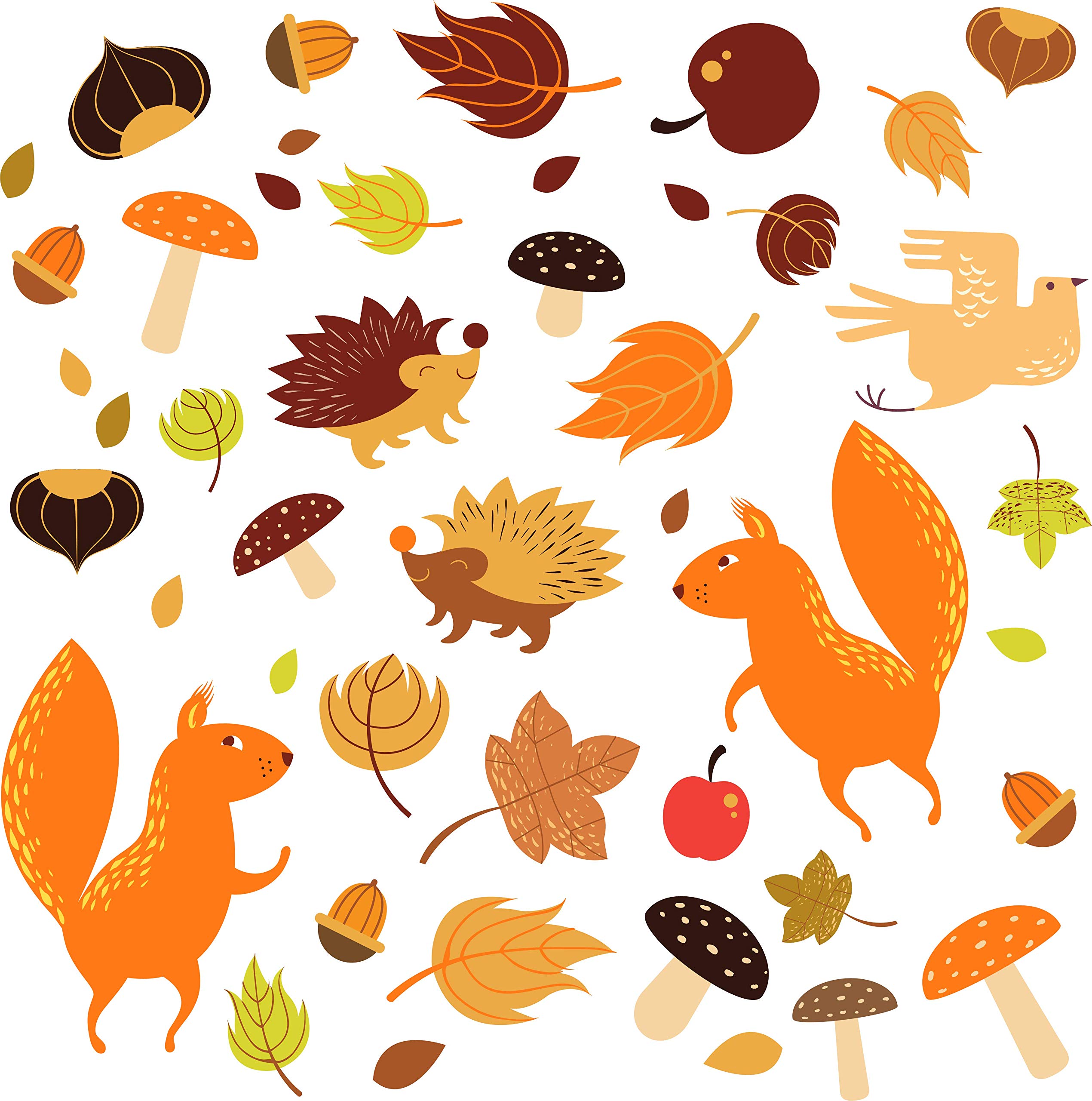 Stickers4 - Autumn Decorations - 40 Static Cling Autumn Woodland Double Sided Window Stickers - Autumn Animals - Leaves - Fruits - Nuts Décor