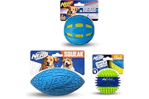 Nerf Dog Toy Gift Set, 3-Piece Set of Outdoor Dog Toys for Fetch, Includes Checker Crunch Ball, Spike LED Squeak Ball and Tire Squeak Football