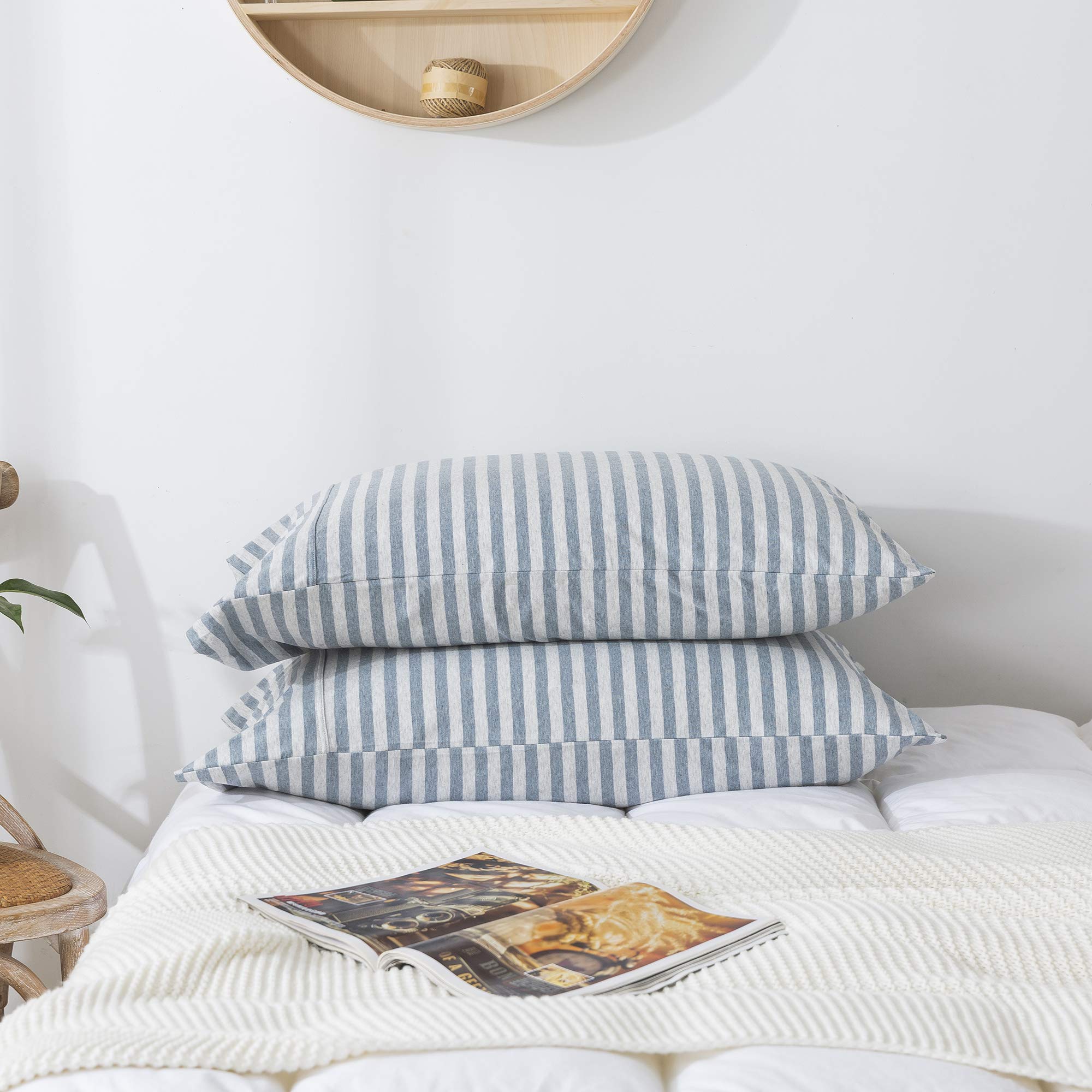 Photo 1 of H HOUSEHOLD Pillowcases, 100% Cotton Jersey Knit, Soft and Cozy, Wrinkle, Stain Resistant with Envelope Closure (Blue Stripe, Queen Size Pillowcase (20" x 30"))