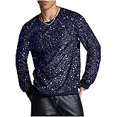 WDIRARA Men's Glitter Sequin Round Neck Sweatshirt Long Sleeve Solid Pullover Top