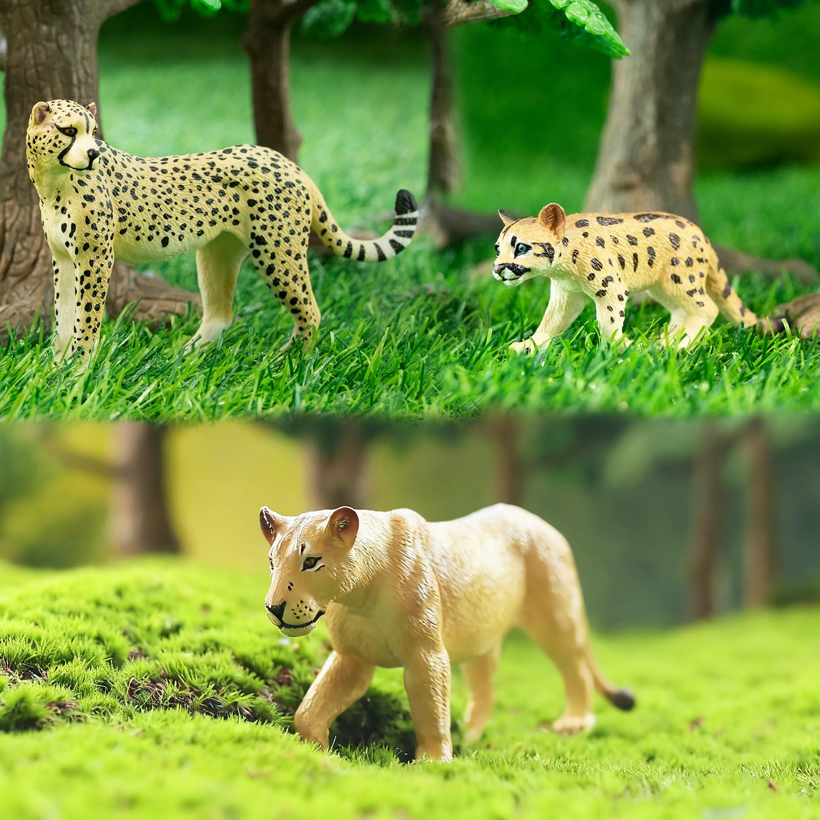TOYMANY 12 Stück Großkatzen Dschungel Tiere-Figuren und Baumstamm Set,Realistische Löwen Tiger Geparden und Leopardfiguren, Plastiktiere Zoo Dschungel Wald Tierfiguren für Kinder 8