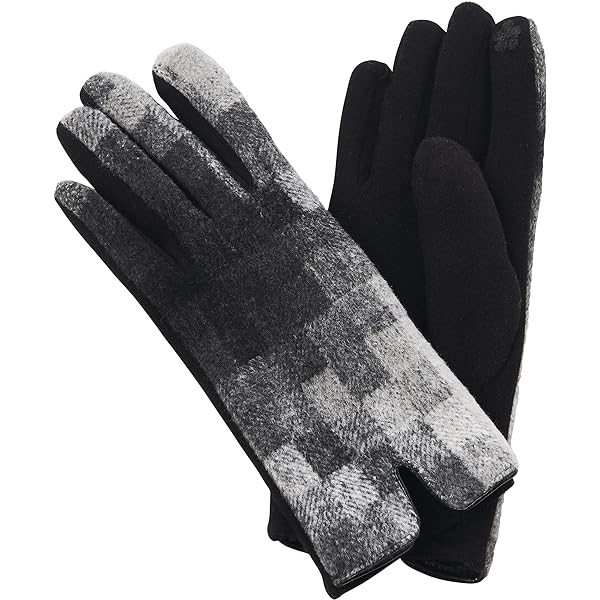 Mud Pie Guanti Buffalo Check Donna - Unisex, Touchscreen, Bianco E Nero, Con Pelliccia Sintetica Grigia, Taglia Unica