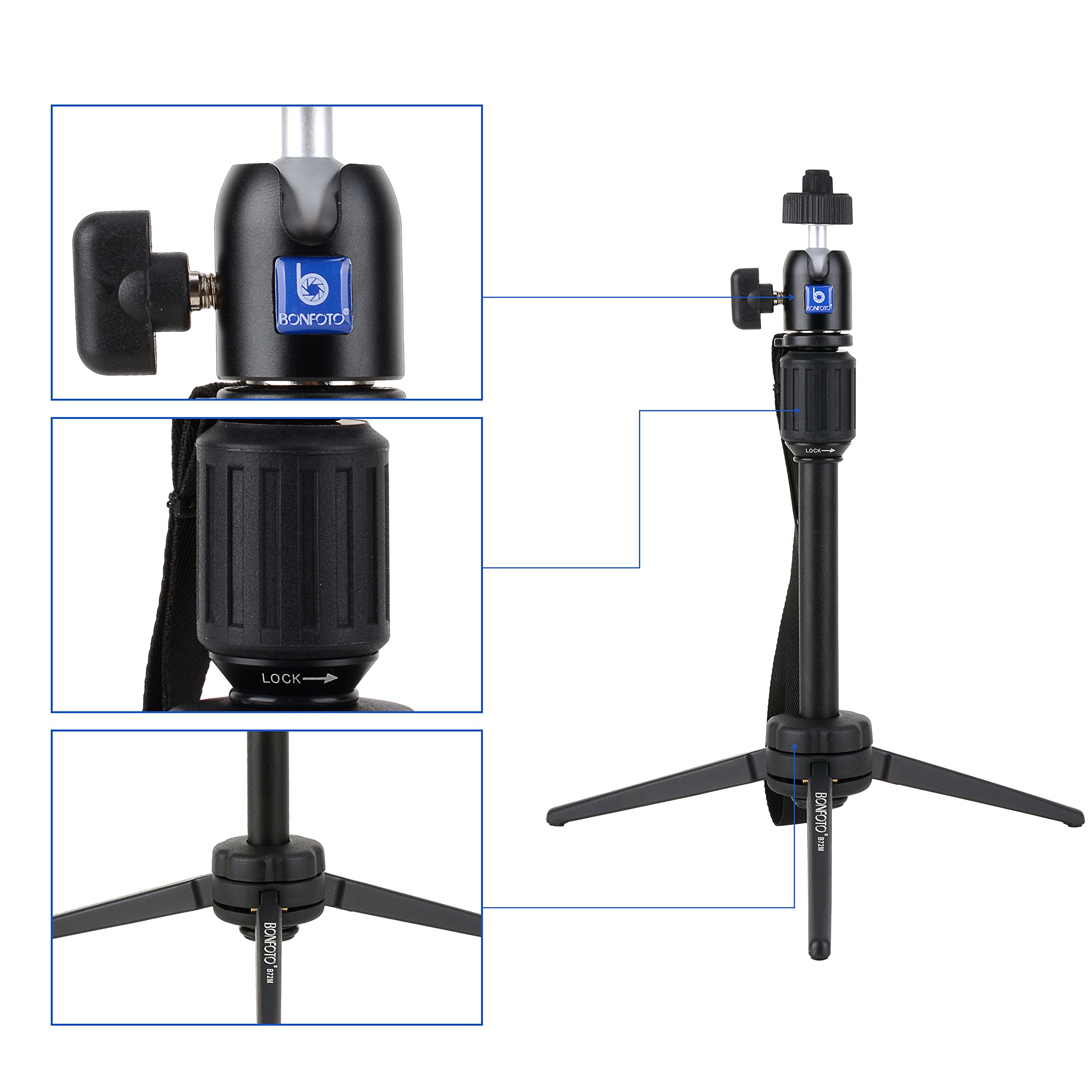 Bonfoto B72M Adjustable 14.9 inch portable Table Tripod for Digital Camera GoPro Smartphone and Most DSLR Cameras with Phone Clip