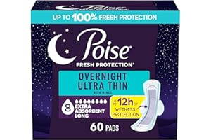 Poise Overnight Ultra Thin Incontinence & Postpartum Pads with Wings for Bladder Leaks, 8 Drop Extra Absorbent, Long Length, 60 Count (3 Packs of 20)