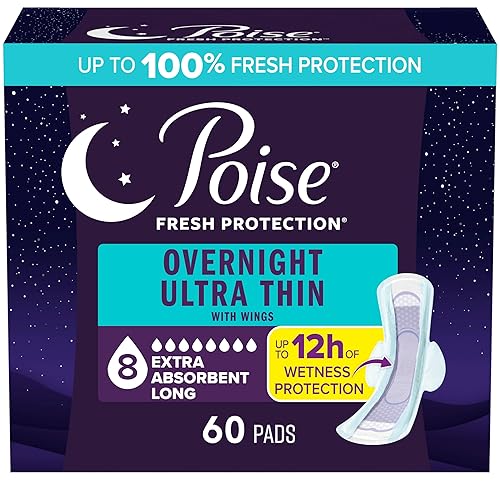 Poise Overnight Ultra Thin Incontinence & Postpartum Pads with Wings for Bladder Leaks, 8 Drop Extra Absorbent, Long Length, 60 Count (3 Packs of 20)